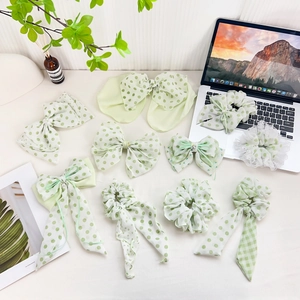 Fresh Mint Green Polka Dot Plaid Fabric Scrunchies Sweet Chiffon Bow Hair Clips Artificial Pearl Rhinestone Women Hair Accessories