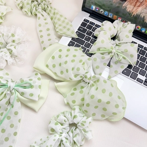 Fresh mint green floral fabric scrunchie set with bow clip and pearl details for women