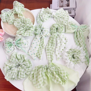 Chouchou en Tissu Gingham Vert Frais Avec Nœud Künstliche Perle Strass Floral Pois Pince à Cheveux Accessoires Femmes