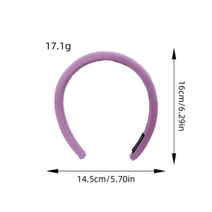Chic purple padded sponge headband with handmade label showing dimensions and weight