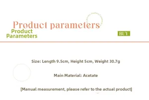 Detailed size chart for acetate cat hair claw clip showing 9.5cm length and 30.7g weight