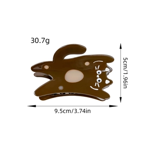 Cute brown cat-shaped acetate hair claw clip with yellow polka dots and size measurements