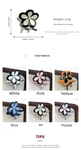 Detailed view of 3cm acetate clover hair claw clips with size specs and six color options
