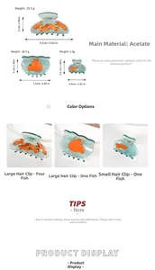 Tableau des tailles pour pinces à cheveux poisson en acétate avec poids et dimensions