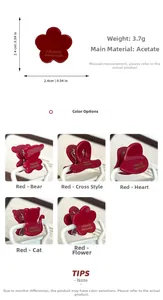 Detailed view of 2.4cm mini acetate hair claw clips in red flower and heart shapes