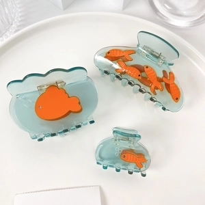 Pinces à Cheveux en Acétate Mignonnes Bocal à Poissons Rouges Pince Requin Bleu Transparent avec Koi Orange Femmes