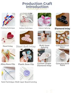 Close-up detail of 14 various production techniques for plaid hair accessories and clips