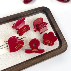 Mini Red Acetate Hair Claw Clips For Women Girls Cute Heart Bear Flower Cat Shape Handmade Style Small Hair Clips Accessories