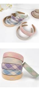 Detail view of colorful plaid headband set with soft fabric texture and pastel patterns