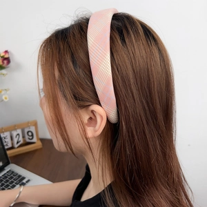 Pink plaid padded headband for women, stylish hair hoop for high cranial top visual effect