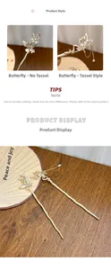 Detailed macro shot of vintage Chinese golden butterfly hairpins with pearl tassels