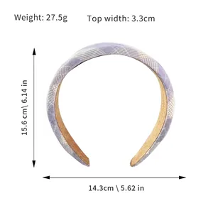 Pastel lavender checkered headband with detailed dimensions and 27.5g weight specifications