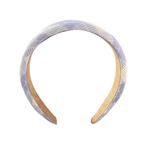 Plaid checkered headband for women featuring light purple and beige fabric patterns