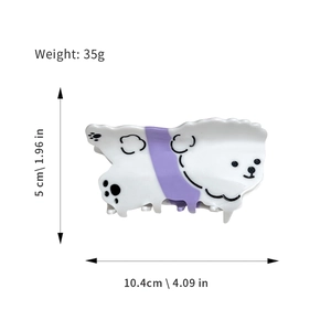 Cute white cartoon dog hair claw clip made of acetate with purple bow detail, 10.4cm