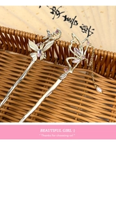 Detail of golden butterfly hairpins with pink crystals and pearls on bamboo texture
