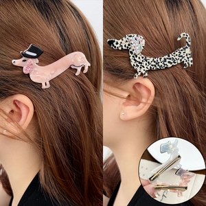 Fermagli per capelli a forma di bassotto in acetato rosa marmorizzato e leopardato