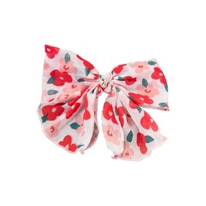 Haarspange mit Blumendruck aus Chiffon mit Strassstein und rosa Rollsaumkante