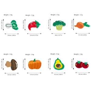 Collection of cute fruit and vegetable acetate hair clips in a neat matrix layout on white