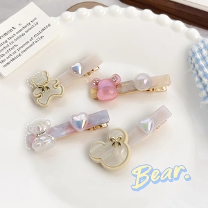 Zoete Acetaat Beer Cartoon Karakter Silhouette Haarspelden Voor Vrouwen Meisjes Marmer Textuur Hart Strik Strass Haaraccessoire