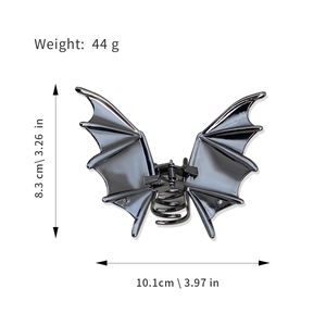 Gothic bat wing metal hair claw clip in glossy gun black finish with size measurements