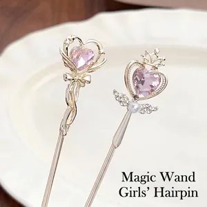 Süßer Zauberstab Legierung Haarstab Für Damen Rosa Herz Strass Schleife Krone Flügel Galvanisierter Kopfschmuck