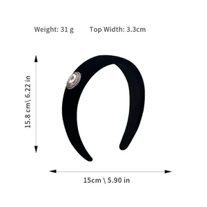 Elegant velvet headband with faux pearl detail and dimensional measurements shown on white background