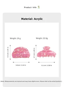 Detail showing acrylic pink pattern hair claws with specific weight and dimensions