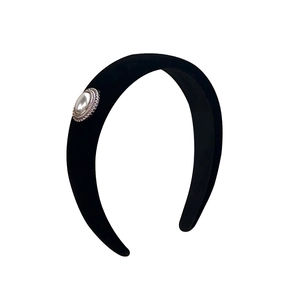 Elegant black velvet padded headband with retro pearl and silver metal decoration