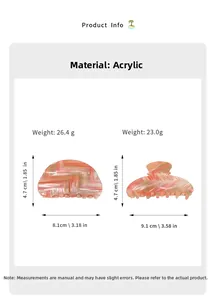 Size chart for acrylic hair clips showing weights and dimensions of two different styles