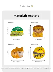 Detailed size chart for acetate hair claws featuring bee lion turtle and fox patterns