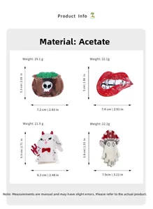 Detailed product specs of spooky acetate hair claws featuring skull and scary lip designs