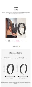 Detailed size chart for denim bow and heart fabric headbands with precise measurements