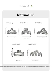 Size chart showing PC lace pattern claw clip dimensions and weights for five styles