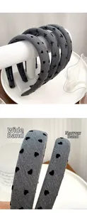 Detail view of denim headband showing wide and narrow styles with hand made label