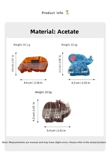 Detailed size chart for hippo and elephant acrylic hair claws with weight specifications
