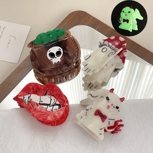 Halloween Acetate Hair Claw Clips For Women Glow In The Dark Ghost Skeleton Lips Devil Cat Funny Novelty Hair Accessories