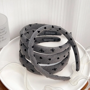 French Retro Denim Style Pleated Cloth Hairband For Women Bow Heart Printed Padded High Top Wide Narrow Fashion Headband