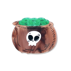 Halloween witch cauldron hair claw with acetate leopard print and skull pattern