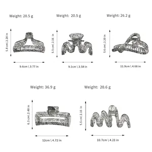 Size chart for floral lace bow hair claws in five styles with weight and dimensions