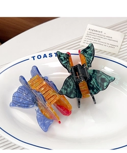 Detail of elegant butterfly hair claws with translucent gradient resin textures