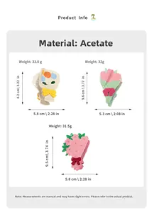 Tableau des tailles détaillé pour pinces à cheveux fleurs en acétate avec dimensions