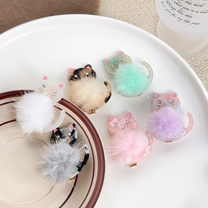 Süße Acetat Katze Haarspange Mit Künstlichem Fell Pompon Strass Augen Cartoon Haarklammer Für Damen Mädchen Haarschmuck