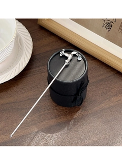 Unique silver faucet hair stick on black ribbon box with traditional Chinese decor