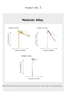 Detailed size chart showing dimensions and weights of alloy tassels hair sticks