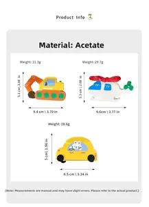 Detailed specs for acetate hair claws in excavator, helicopter and car shapes