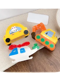 Detailed set of cute cartoon car, excavator, and helicopter hair clips for kids