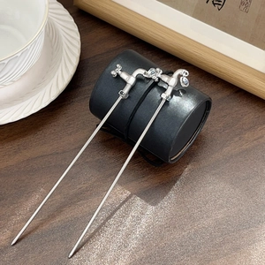 Unique silver faucet hair sticks set with metallic finish for traditional hair styling
