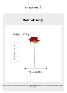 Technical drawing showing the dimensions and weight of this red rose alloy hair pin