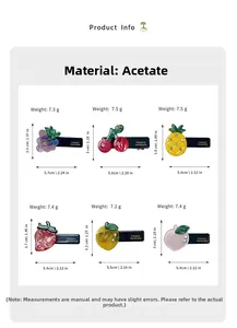 Detailed size and weight specs for acetate fruit hair clips with rhinestone accents