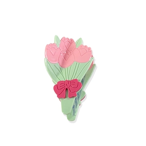 Pince à cheveux tulipe rose avec tige verte et détail de nœud sur fond blanc